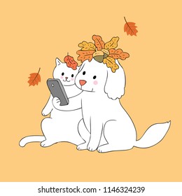 Cartoon cute Autumn dog and cat selfie vector.