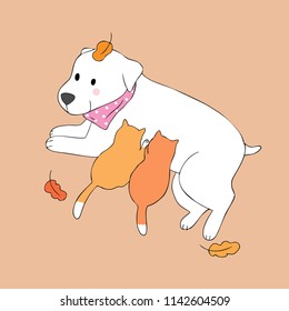 Cartoon cute Autumn dog and kitten vector.