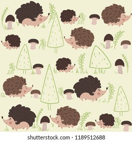 Cartoon  cute autumn family hedgehog  father, mother and child with hand drawing trees, grass. Vector seamless pattern.