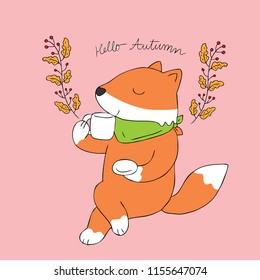 Cartoon cute Autumn fox drinking vector.