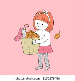 Cartoon cute Autumn girl and bird vector.