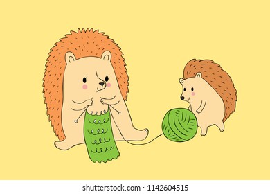 Cartoon cute Autumn hedgehog and baby knitting vector.