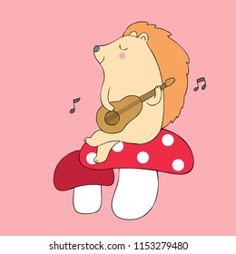Cartoon cute Autumn hedgehog playing guitar vector.