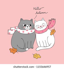 Cartoon cute Autumn lover cats vector.