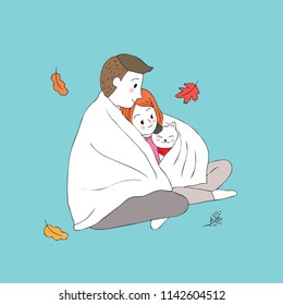 Cartoon cute Autumn man and woman hug cat vector.