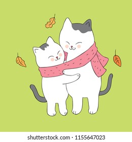 Cartoon cute Autumn mom and baby cat hugging vector.