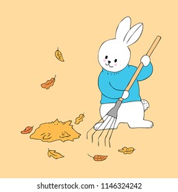 Cartoon cute Autumn rabbit leaf sweep vector.
