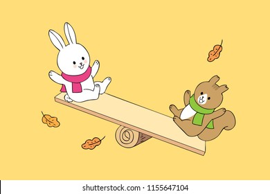 Cartoon cute Autumn rabbit and squirrel playing vector.