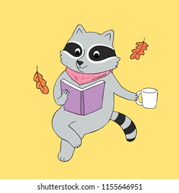 Cartoon cute Autumn raccoon reading book vector.
