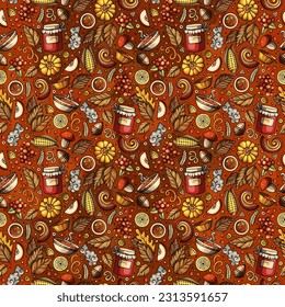 Cartoon cute Autumn seamless pattern. Colorful detailed, with lots of objects background. Endless funny vector illustration. Bright colors fall backdrop.