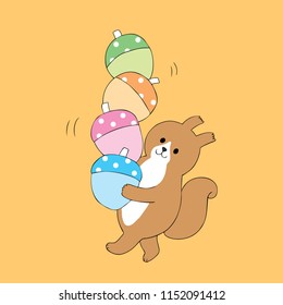Cartoon cute Autumn squirrel and colorful acorn vector.