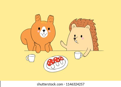 Cartoon cute Autumn squirrel and hedgehog talking vector.