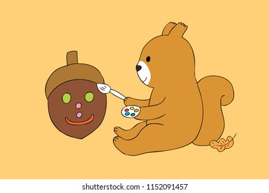 Cartoon cute Autumn squirrel painting acorn vector.