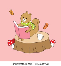 Cartoon cute Autumn squirrel reading book vector.