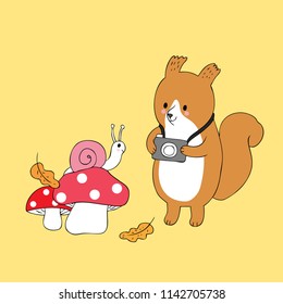 Cartoon cute Autumn squirrel take a photo snail vector.