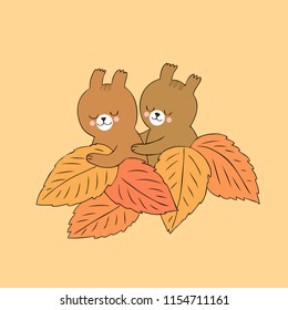 Cartoon cute Autumn squirrels sleeping vector.