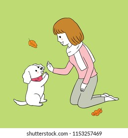 Cartoon cute Autumn woman and dog vector.