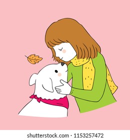Cartoon cute Autumn woman kiss dog vector.