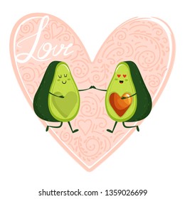 Cartoon cute avocado couple character with heart and trendy lettering. Heart shape composition. Design for t shirts, stickers, posters, cards etc. Vector illustration on white background.