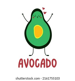 Cartoon Cute Avocado Flat Hand Drawn Character. Vegetarian Eating. Keto Diet Illustration With Lettering.