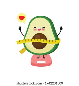 Caricatura lindo aguacate feliz pérdida de peso en balanzas de pesaje, Escalas para medir la obesidad, Concepto con Comer comida saludable y ejercicio. Carácter de fruta divertida aislado en el vector de fondo blanco