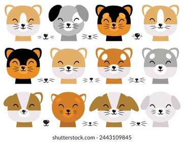 Cartoon cute baby animal for baby cards, baby shower invitation, print, poster. Vector illustration. For printing on fabric, postcard, wrapping paper. Cute dog, full face, portrait, dog mongrel, doggy