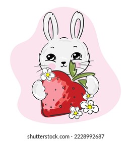 Cartoon cute baby animal girl Bunny print with strawberry on pink 