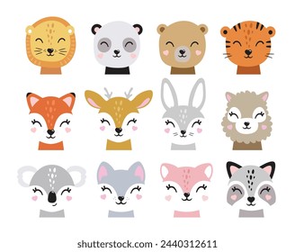 Cartoon cute baby animals for baby cards, baby shower invitation,print,poster. Vector illustration.Deer,cat, bunny,koala,llama,alpaca, raccoon,fox,unicorn, wolf,bear,lion,panda,tiger,rabbit,hare