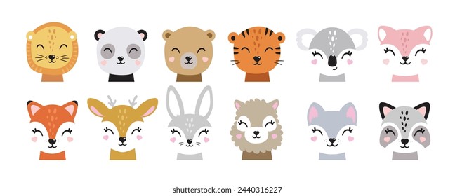 Cartoon niedliche Babytiere für Babykarten, Babydusche Einladung, Druck, Poster. Vektor-Illustration.Reh, Katze, Hase, Koala, Lama, Alpaka, Waschbär, Fuchs, Einhorn, Wolf, Bär, Löwe, Panda, Tiger, Kaninchen, Hase