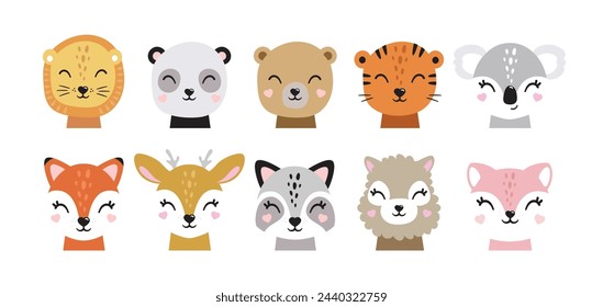 Cartoon cute baby animals for baby cards, baby shower invitation,print,poster. Vector illustration.Deer,cat, bunny,koala,llama,alpaca, raccoon,fox,unicorn, wolf,bear,lion,panda,tiger,rabbit,hare