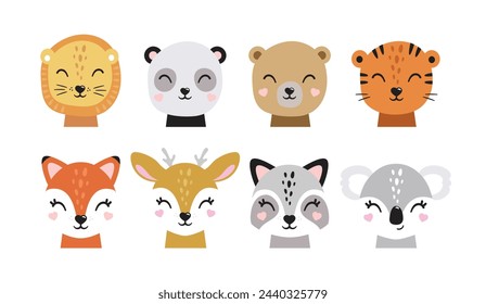 Cartoon cute baby animals for baby cards, baby shower invitation,print,poster. Vector illustration.Deer,cat, bunny,koala, raccoon,fox, wolf,bear,lion,panda,tiger,rabbit,hare