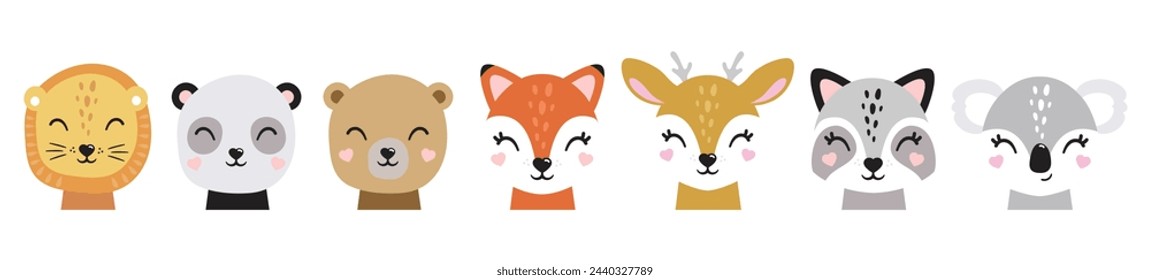 Cartoon cute baby animals for baby cards, baby shower invitation,print,poster. Vector illustration.Deer,cat, bunny,koala,llama,alpaca, raccoon,fox,unicorn, wolf,bear,lion,panda,tiger,dog,rabbit,hare