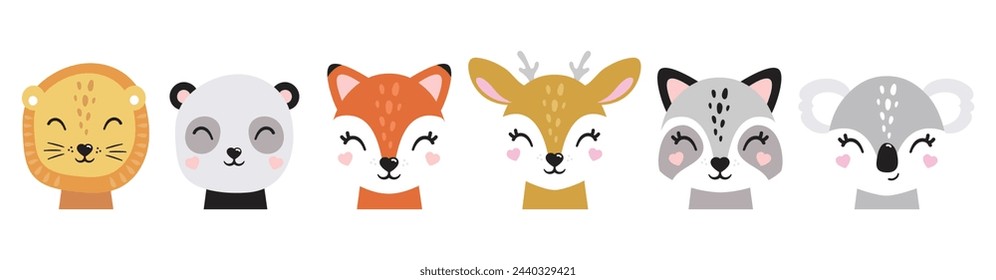 Cartoon cute baby animals for baby cards, baby shower invitation,print,poster. Vector illustration.Deer,cat, bunny,koala,llama,alpaca, raccoon,fox,unicorn, wolf,bear,lion,panda,tiger,dog,rabbit,hare