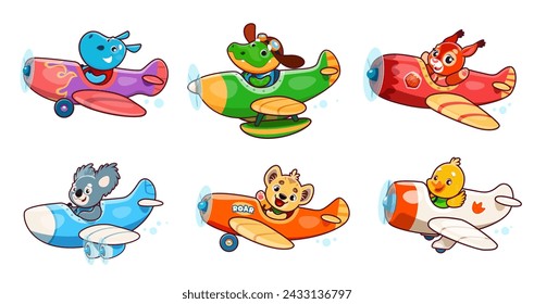 Dibujos animados lindos animales bebés personajes en los aviones. Pilotos de avión de hipopótamos y cocodrilos, ardillas y koala, leopardos y patos en el cielo. Vector divertidos aviadores personajes en aviones retro