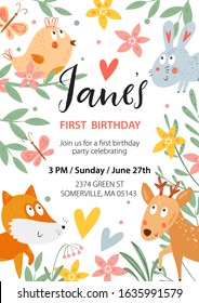 Cartoon cute baby animals. Vector Happy birthday invitation card. Hand drawn kids characters: bird, deer, bunny, fox, flowers. Baby shower card. Nursery art background. Childish illustration. Frame.