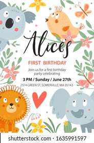 Cartoon cute baby animals. Vector Happy birthday invitation card. Hand drawn kids characters: koala, lion, bird, elephant, flowers. Baby shower card. Nursery art background. Childish illustration. 