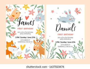 Cartoon cute baby animals. Vector Happy birthday invitation card. Hand drawn kids characters: bird, deer, bunny, fox, flowers. Baby shower card. Nursery art background. Childish illustration. Frame.