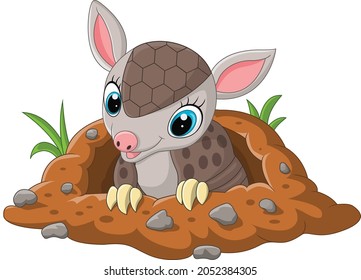 Cartoon cute baby armadillo out of a hole