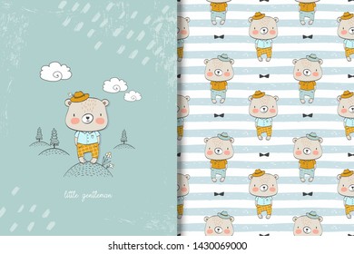 Cartoon cute baby bear boy forest animal character and seamless background pattern set. Hand drawn cartoon design vector illustration.