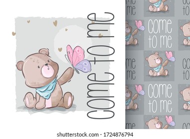 Cartoon cute baby bear with butterfly illustration for kids