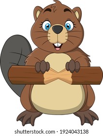 Cartoon cute baby beaver holding piece of wood