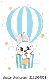 cartoon cute baby bunny flies in hot air balloon with clouds and stars. vector illustration isolated. card for boys.