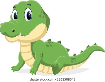 Cartoon cute baby crocodile sitting on white background