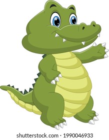 cartoon cute baby crocodile waving on white background
