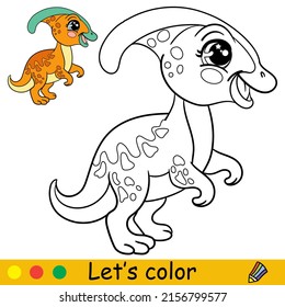 Cartoon cute baby dinosaur Parasaurolophus. Coloring book page with colorful template for kids. Vector isolated illustration. For coloring book, print, game, party, design
