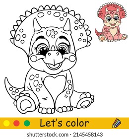 Cartoon cute baby dinosaur triceratops. Coloring book page with colorful template for kids. Vector isolated illustration. For coloring book, print, game, party, design