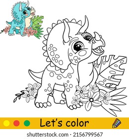 Cartoon cute baby dinosaur triceratops with tropical plants. Coloring book page with colorful template for kids. Vector isolated illustration. For coloring book, print, game, party, design