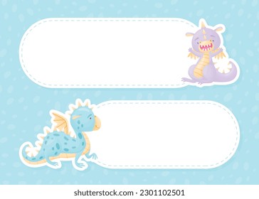 Cartoon Cute Baby Dragon with Wing and Tail Card Vector Template