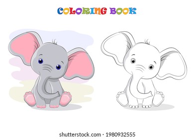 Cartoon cute baby Elephant. Coloring page and colorful clipart. Cute design for t shirt print, icon, logo, label, patch or sticker. Vector illustration. Vector EPS 10