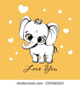 Cartoon cute baby elephant in love on yellow background. Hand drawn vector children illustration. Can be used for kids wear fashion design, t-shirt print, baby card